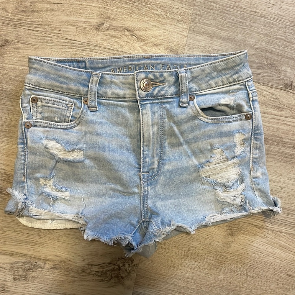 American Eagle “Hi-Rise Shortie” Jean Shorts, Size 0, Light Blue